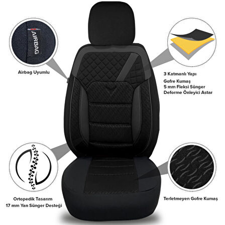 Pandami K1 Serisi Oto Koltuk Kılıfı 1+1 Set, Gofraj / Siyah Hyundai Santa Fe DM 2012-2018 ile Uyumlu