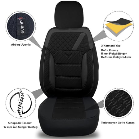 Pandami K1 Serisi Oto Koltuk Kılıfı 1+1 Set, Gofraj / Siyah Nissan Micra K13 2010-2017 ile Uyumlu