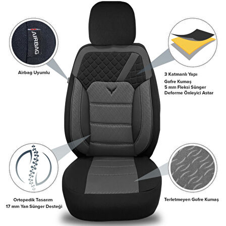 Pandami K1 Serisi Oto Koltuk Kılıfı 1+1 Set, Gofraj / Gri, Chevrolet Spark 2010-2014 ile Uyumlu