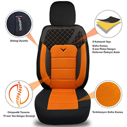 Pandami K1 Serisi Oto Koltuk Kılıfı 1+1 Set, Gofraj / Turuncu, Renault Twingo 2019 ile Uyumlu