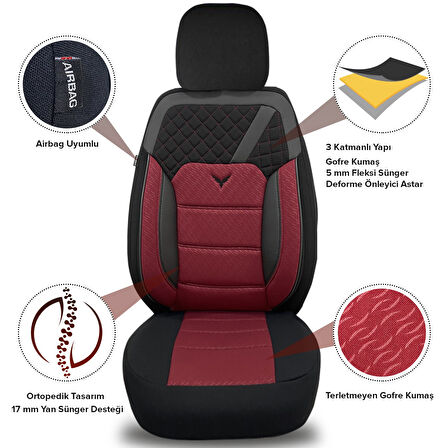 Pandami K1 Serisi Oto Koltuk Kılıfı 1+1 Set, Gofraj / Bordo, Ford Ranger 2009-2014 ile Uyumlu