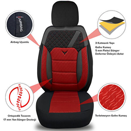Pandami K1 Serisi Oto Koltuk Kılıfı 1+1 Set, Gofraj / Kırmızı, Peugeot 207 2006-2015 ile Uyumlu