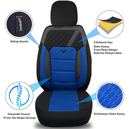 Her Araca Uyumlu Oto Koltuk Kılıfı Tam Set Gofraj / Mavi