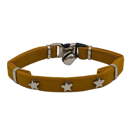 Jooys Kadife Zilli Yıldızlı Kedi Boyun Tasması Hardal