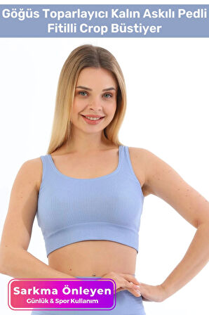 Premium Göğüs Toparlayıcı Sarkma Önleyen Spor Günlük Kalın Askılı Pedli Fitilli Crop Büstiyer