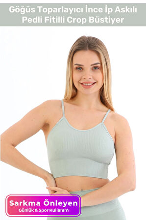 Özel Üretim Göğüs Toparlayıcı Sarkma Önleyen Spor Günlük İnce İp Askılı Pedli Fitilli Crop Büstiyer