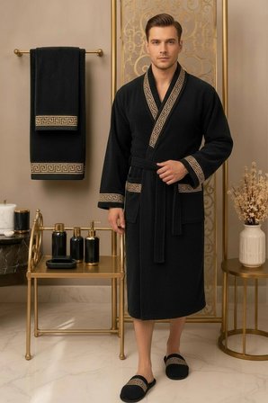 %100 Pamuk Kadife Bornoz Seti 4 Parça - Greek Desen Lüks Hamam/Çeyizlik Banyo Havlu Ve Bornoz Takımı