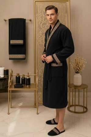 %100 Pamuk Kadife Bornoz Seti 4 Parça - Greek Desen Lüks Hamam/Çeyizlik Banyo Havlu Ve Bornoz Takımı