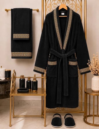 %100 Pamuk Kadife Bornoz Seti 4 Parça - Greek Desen Lüks Hamam/Çeyizlik Banyo Havlu Ve Bornoz Takımı