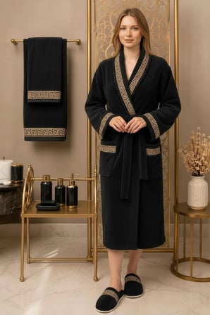 %100 Pamuk Kadife Bornoz Seti 4 Parça - Greek Desen Lüks Hamam/Çeyizlik Banyo Havlu Ve Bornoz Takımı