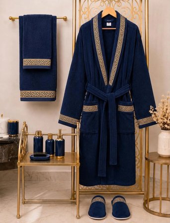 %100 Pamuk Kadife Bornoz Seti 4 Parça - Greek Desen Lüks Hamam/Çeyizlik Banyo Havlu Ve Bornoz Takımı
