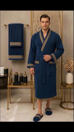 %100 Pamuk Kadife Bornoz Seti 4 Parça - Greek Desen Lüks Hamam/Çeyizlik Banyo Havlu Ve Bornoz Takımı
