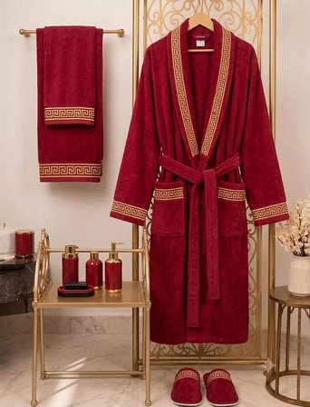 %100 Pamuk Kadife Bornoz Seti 4 Parça - Greek Desen Lüks Hamam/Çeyizlik Banyo Havlu Ve Bornoz Takımı