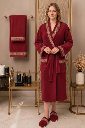 %100 Pamuk Kadife Bornoz Seti 4 Parça - Greek Desen Lüks Hamam/Çeyizlik Banyo Havlu Ve Bornoz Takımı