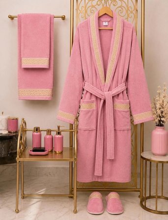 %100 Pamuk Kadife Bornoz Seti 4 Parça - Greek Desen Lüks Hamam/Çeyizlik Banyo Havlu Ve Bornoz Takımı