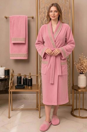 %100 Pamuk Kadife Bornoz Seti 4 Parça - Greek Desen Lüks Hamam/Çeyizlik Banyo Havlu Ve Bornoz Takımı