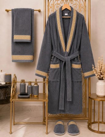 %100 Pamuk Kadife Bornoz Seti 4 Parça - Greek Desen Lüks Hamam/Çeyizlik Banyo Havlu Ve Bornoz Takımı