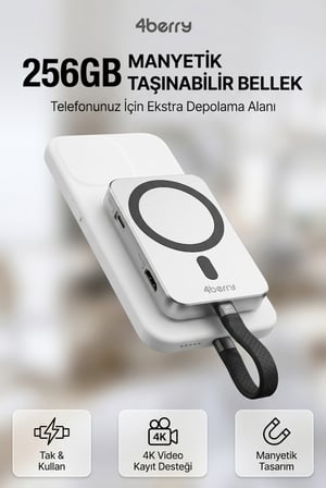 256GB NVMe SSD’li Telefon Uyumlu Manyetik Taşınabilir Bellek – TV’ye Görüntü Aktarımı, PC ve Telefona Veri Transferi