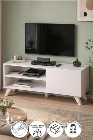 TV Sehpası Kapaklı Tv Sehpası Raflı TV Ünitesi Televizyon Sehpası 100 x 35 Cm Malta Beyaz