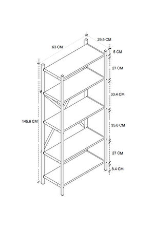 5 Raflı Kitaplık Dekoratif Kitaplık Metal Kitaplık Ofis Kitaplığı Aksesuar Rafı Troya Çam