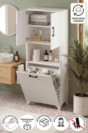 Çok Amaçlı Dolap Banyo Dolabı Kirli Çamaşır Sepeti Dolabı Damla Beyaz