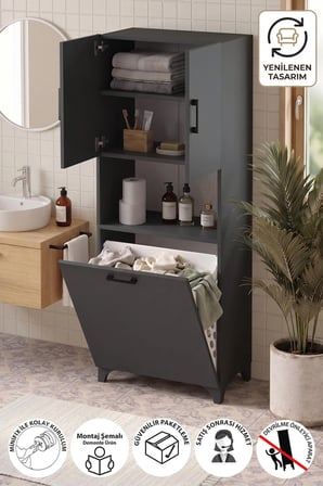 Çok Amaçlı Dolap Banyo Dolabı Kirli Çamaşır Sepeti Dolabı Damla Antrasit