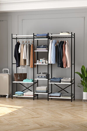 10 Raflı Metal Gardırop Metal Portmanto Açık Gardırop Elbise Dolabı Vestiyer Openix Beyaz