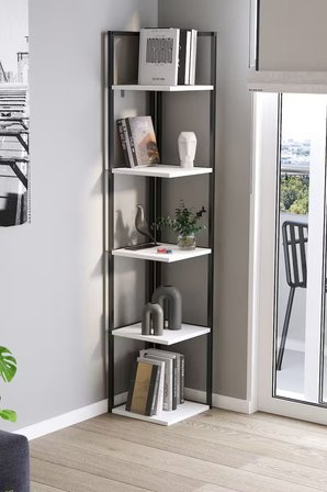 Bofigo 5 Raflı Metal Köşe Kitaplık Rafı Dekoratif Aksesuar Rafı Selanik 180 cm Beyaz 