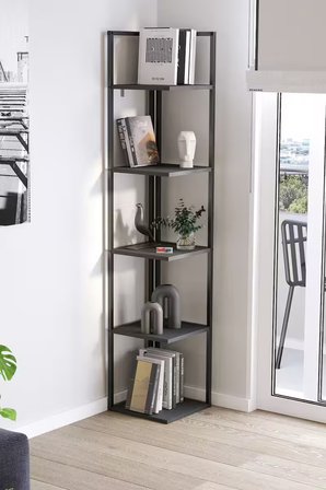 Bofigo 5 Raflı Metal Köşe Kitaplık Rafı Dekoratif Aksesuar Rafı Selanik 180 cm Antrasit