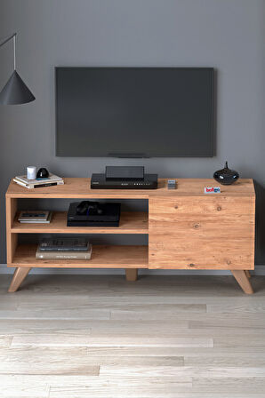 TV Sehpası Kapaklı Tv Sehpası Raflı TV Ünitesi Televizyon Sehpası 100 x 35 Cm Malta Çam
