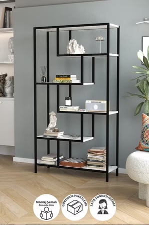 Bofigo 6 Raflı Kitaplık Dekoratif Kitaplık Metal Kitaplık Ofis Kitaplığı Larissa Beyaz