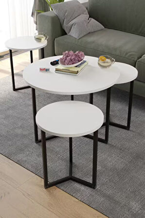 Bofigo 4lü Orta Sehpa Yan Sehpa Dekoratif Sehpa Metal Sehpa Yonca Beyaz