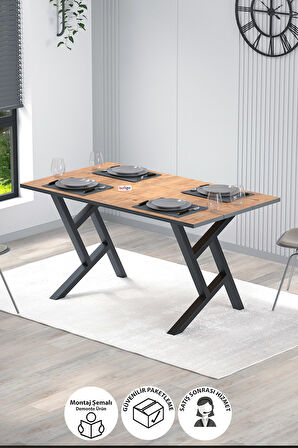 Bofigo Yemek Masası Metal Ayaklı Mutfak Masası Luna  85 x 150 Cm Yıldız Ayaklı Çam