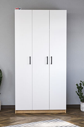3 Kapaklı 8 Raflı Gardırop Elbise Dolabı 3 Kapaklı Gardırop Smyrna Safir Meşe Beyaz