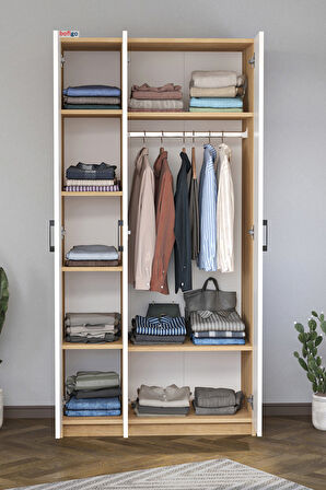 3 Kapaklı 8 Raflı Gardırop Elbise Dolabı 3 Kapaklı Gardırop Smyrna Safir Meşe Beyaz