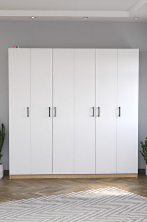 Bofigo 6 Kapaklı 16 Raflı Gardırop Elbise Dolabı 6 Kapaklı Gardırop Smyrna Safir Meşe Beyaz