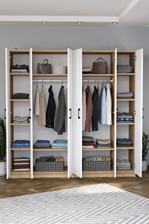 Bofigo 6 Kapaklı 16 Raflı Gardırop Elbise Dolabı 6 Kapaklı Gardırop Smyrna Safir Meşe Beyaz