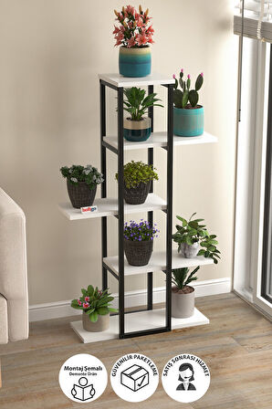 Bofigo 5 Raflı Çiçeklik Rafı Saksılık Standı Dekoratif Aksesuar Rafı Saksılık Papatya Beyaz