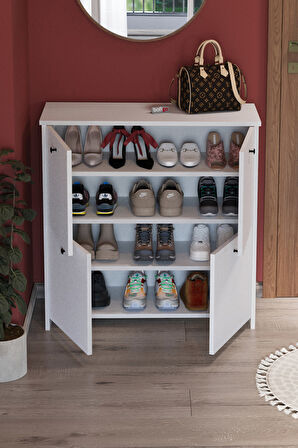 4 Kapaklı Ayakkabılık 4 Bölmeli Ayakkabılık Çok Amaçlı Dolap Tetra Beyaz