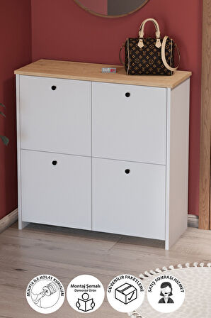 4 Kapaklı Ayakkabılık 4 Bölmeli Ayakkabılık Çok Amaçlı Dolap Tetra Safir Meşe Beyaz