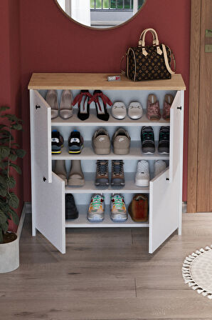 4 Kapaklı Ayakkabılık 4 Bölmeli Ayakkabılık Çok Amaçlı Dolap Tetra Safir Meşe Beyaz