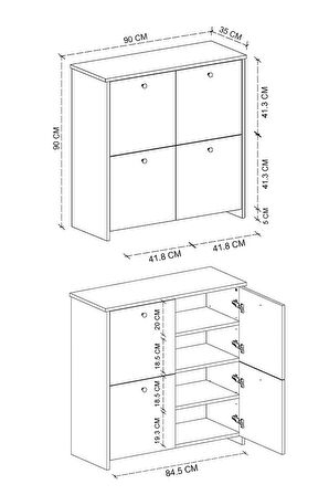 4 Kapaklı Ayakkabılık 4 Bölmeli Ayakkabılık Çok Amaçlı Dolap Tetra Safir Meşe Beyaz