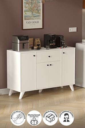 4 Kapaklı Dolap Çekmeceli Çok Amaçlı Dolap Mutfak Dolabı Kahve Köşesi Kiler İlayda Beyaz