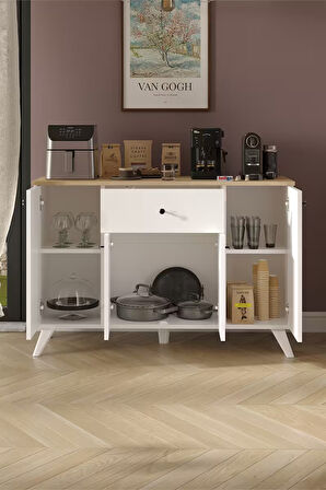 4 Kapaklı Dolap Çekmeceli Çok Amaçlı Dolap Mutfak Dolabı Kahve Köşesi Kiler İlayda Safir Meşe Beyaz