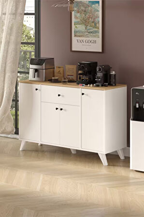 4 Kapaklı Dolap Çekmeceli Çok Amaçlı Dolap Mutfak Dolabı Kahve Köşesi Kiler İlayda Safir Meşe Beyaz