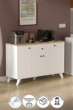 4 Kapaklı Dolap Çekmeceli Çok Amaçlı Dolap Mutfak Dolabı Kahve Köşesi Kiler İlayda Safir Meşe Beyaz