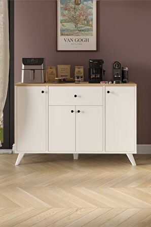 4 Kapaklı Dolap Çekmeceli Çok Amaçlı Dolap Mutfak Dolabı Kahve Köşesi Kiler İlayda Safir Meşe Beyaz