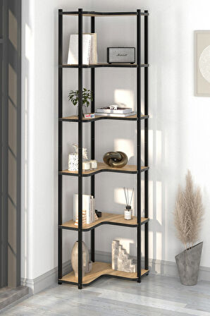 6 Raflı Kitaplık Dekoratif Kitaplık Metal Kitaplık Ofis Kitaplığı Aksesuar Rafı Sardes Safir Meşe