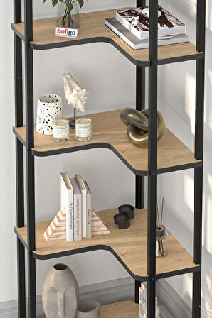 6 Raflı Kitaplık Dekoratif Kitaplık Metal Kitaplık Ofis Kitaplığı Aksesuar Rafı Sardes Safir Meşe