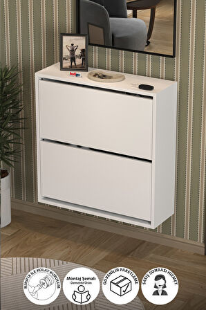 Düşer Kapak Ayakkabılık 2 Bölmeli Kayar Raflı Ayakkabılık Duvara Monte Ayakkabılık Peri Beyaz